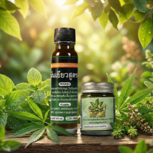 เซ็ตคู่น้ำมันเขียวสูตรเย็นและยาหม่องสมุนไพรกัญชง